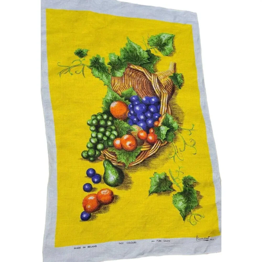 VINTAGE LAMONT PURE LINEN TEA DISH TOWEL FRUIT RED GREEN YELLOW 1970'S PRISTINE!